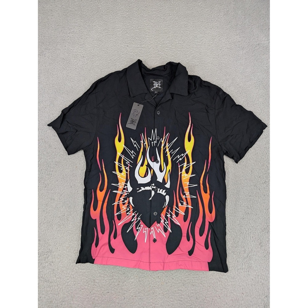 Ed Hardy Shirt Mens Medium Flame Tattoo Short Sleeve Button‎ Up EHBAO1200-17